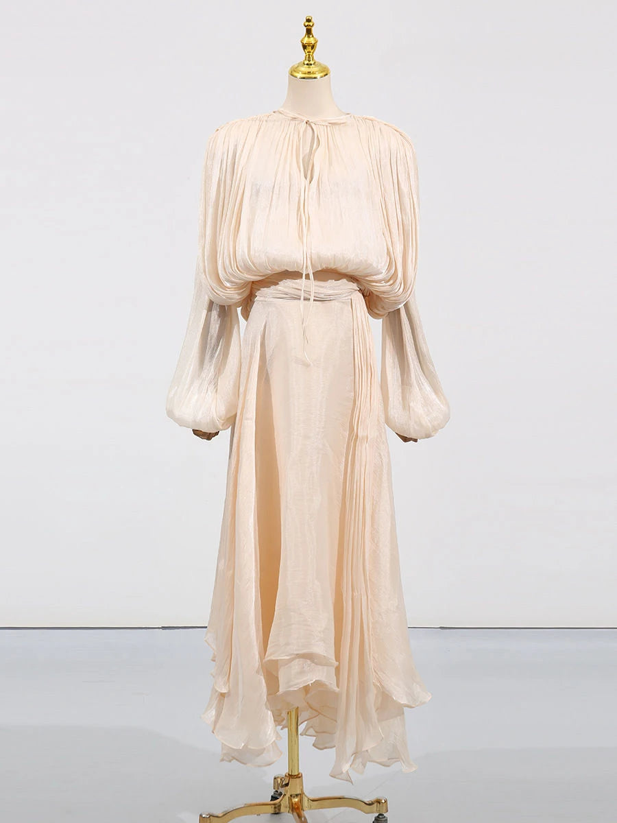 TWOTWINSTYLE Solid Loose Spliced Folds Elegant Dresses for Women Round Neck Long Sleeves Patchwork Lace Up Dress Female Fashion