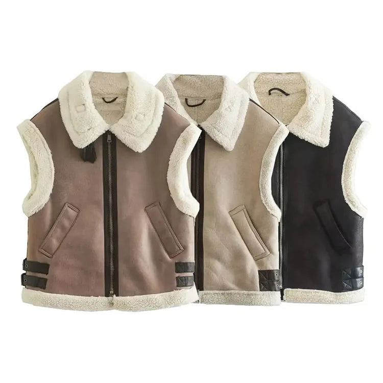 TRAFZA Winter Fur Vest Women Faux Sheepskin Fur Waistcoat Chic Lady Faux Leather Fleece Warm Vest Woman Sleeveless Jacket