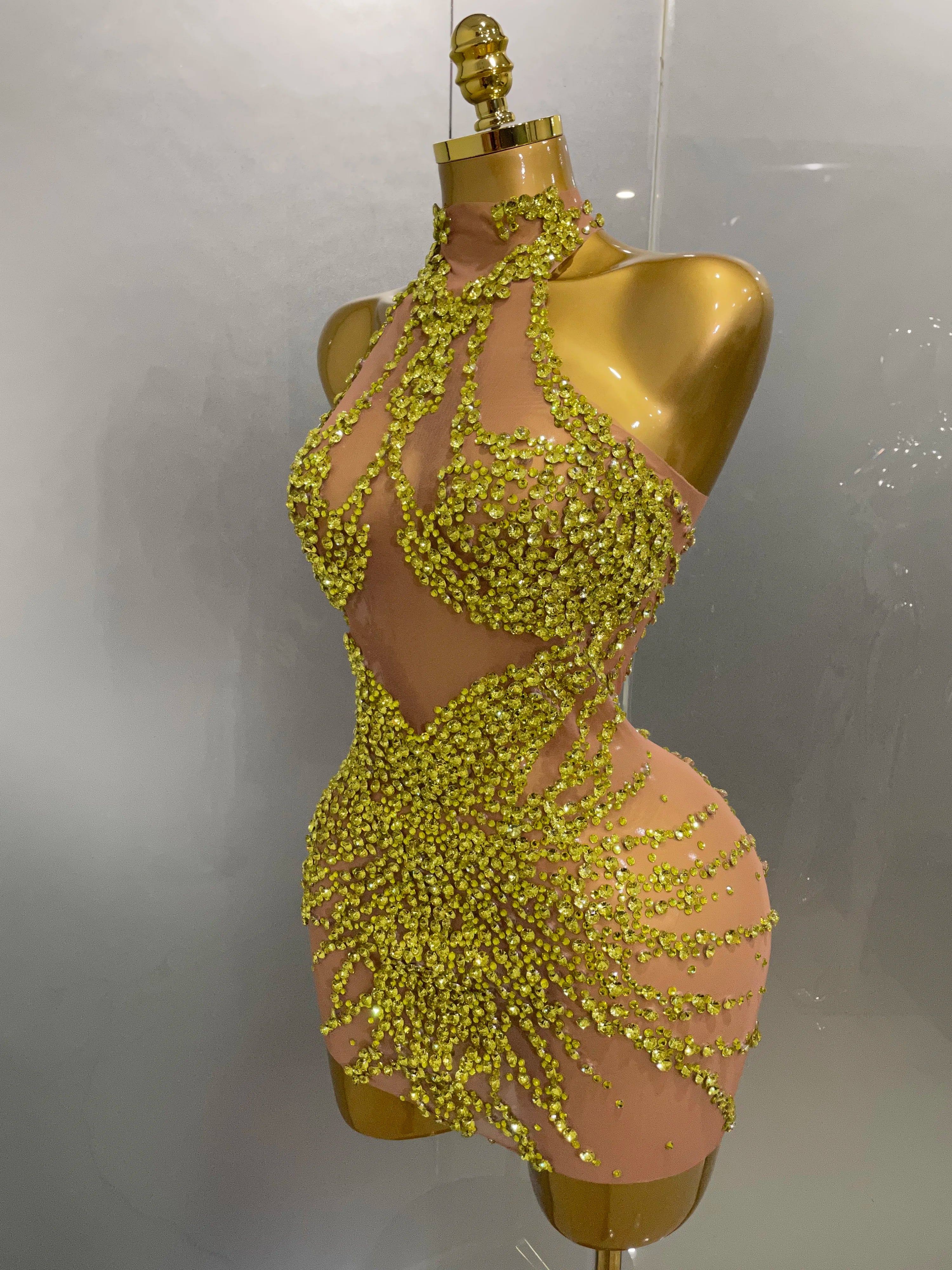 Vestido de baile luxuoso com strass e malha transparente, novo, 2025, feminino, sexy, para festa de aniversário, clube, baile, traje de bar