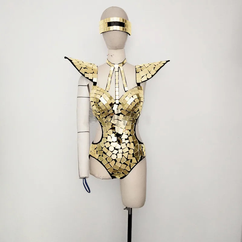 Mirror Bodysuit Women Dance Costume Gold Silver Sequins Fly Shoulder Hollow Out Rave Outfit Stage Performance Clothes Gogo Show Gold