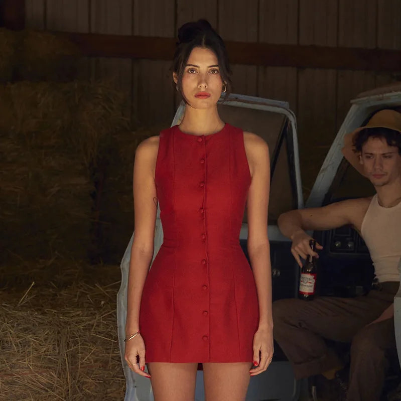 Mozision Fashion Sleeveless Sexy Mini Dress For Women New O Neck Single-btrasted Bodycon Club Party Tank Dress Femme Clothes Red