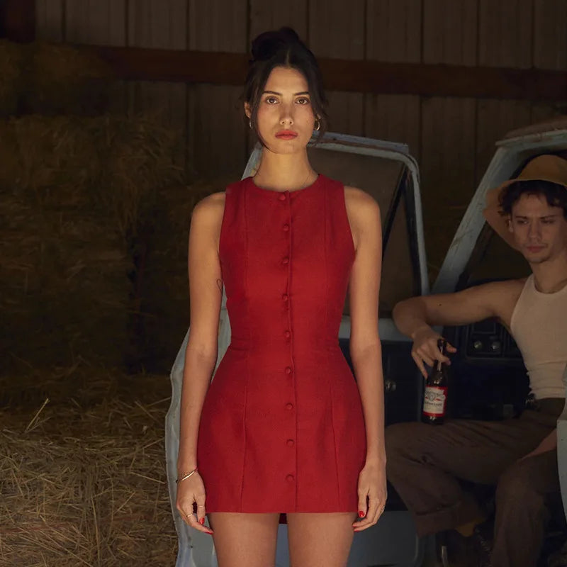 Mozision Fashion Sleeveless Sexy Mini Dress For Women New O Neck Single-btrasted Bodycon Club Party Tank Dress Femme Clothes Red