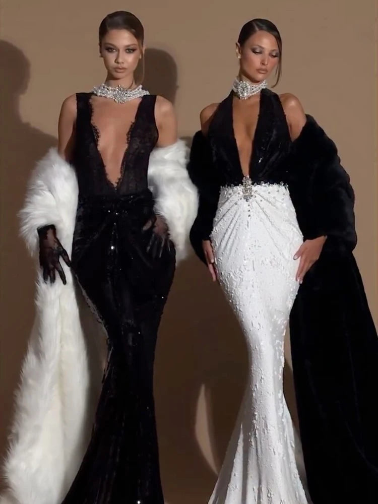 VC Alluring Black Sequin Deep V Neck Backless Lace Design Mermaid Dress for Party Dinner Evening Gown