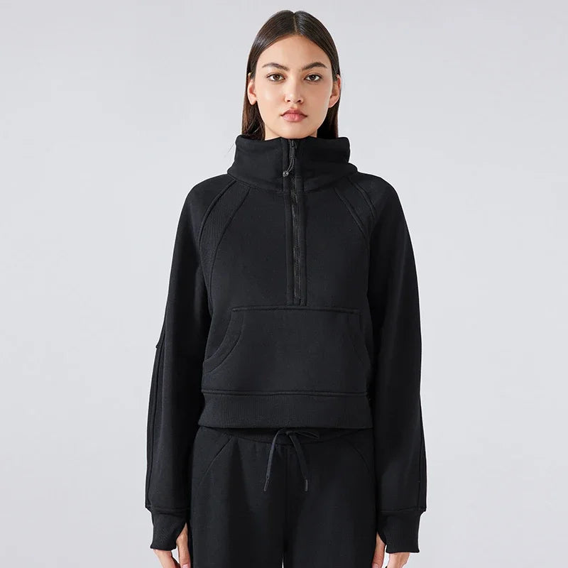 Autumn New Half Zipper High Stand Collar Pullover Top for Women's , Warm and Fleece Thick Sports Hoodie for External Wear DA W150B
