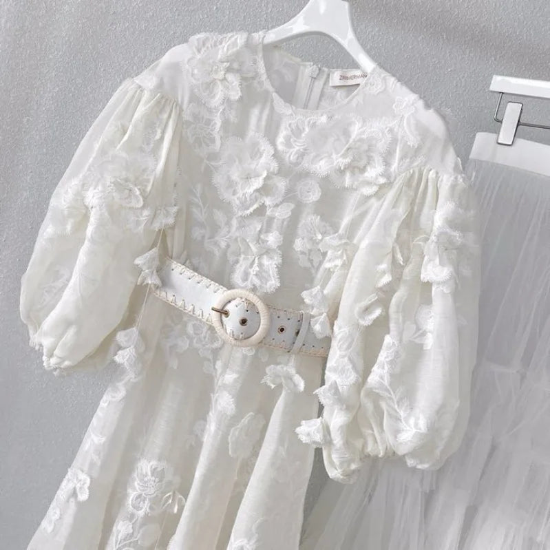 Women Dresses Party Holiday Luxury Top Qaulity 3-piece White O-neck Half Sleeve A-line Long Dress with Belt Australian Designer