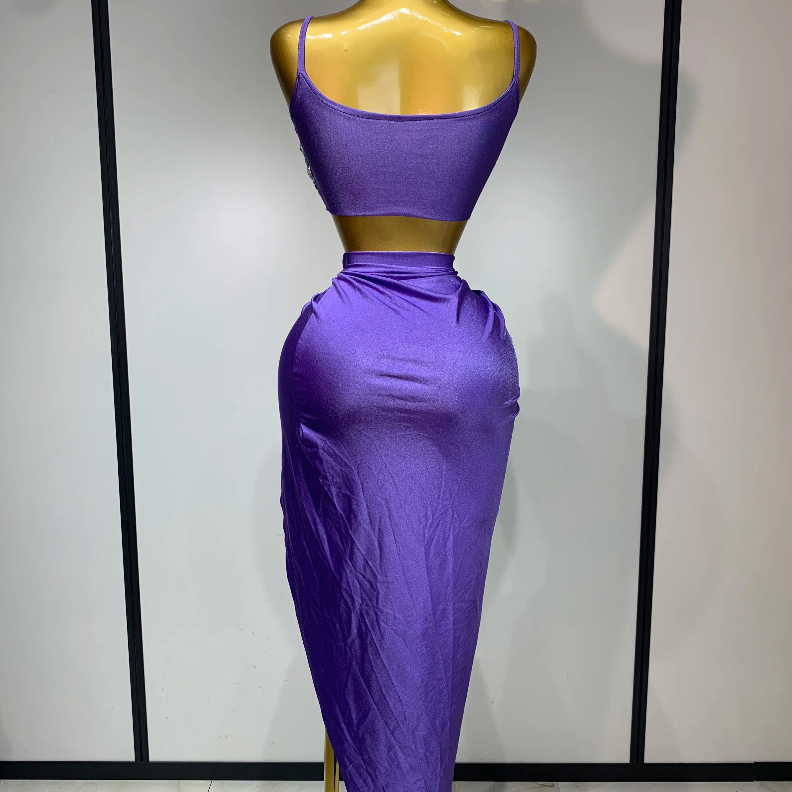 Women Sexy Two Pieces Set Stretched Crystal Diamonds Nightclub Singer Dancer Stage Performance Costume Evening Party Skirt Suits