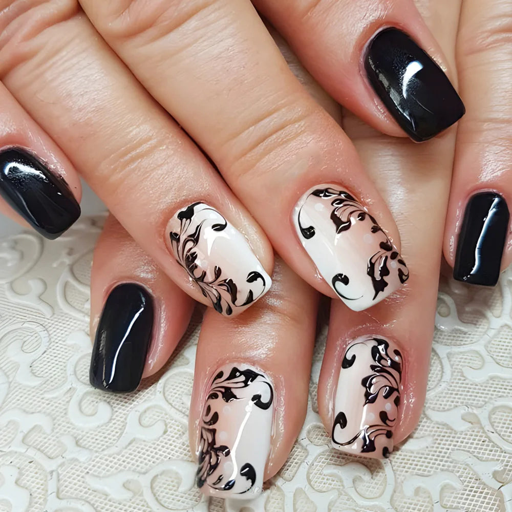 24pcs/set short medium fake nails beautiful flowers design fall winter square ballet acrylic tips press on false nail art supply