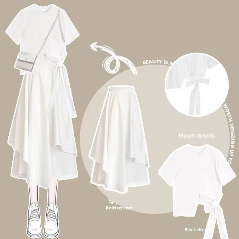 Korean Style Bow Tassel Short Sleeve T-shirt Tops Ruffle Ruffle Skirt Two-piece Elegant Women's Skirt Suit Casual Outfits white 2pcs set