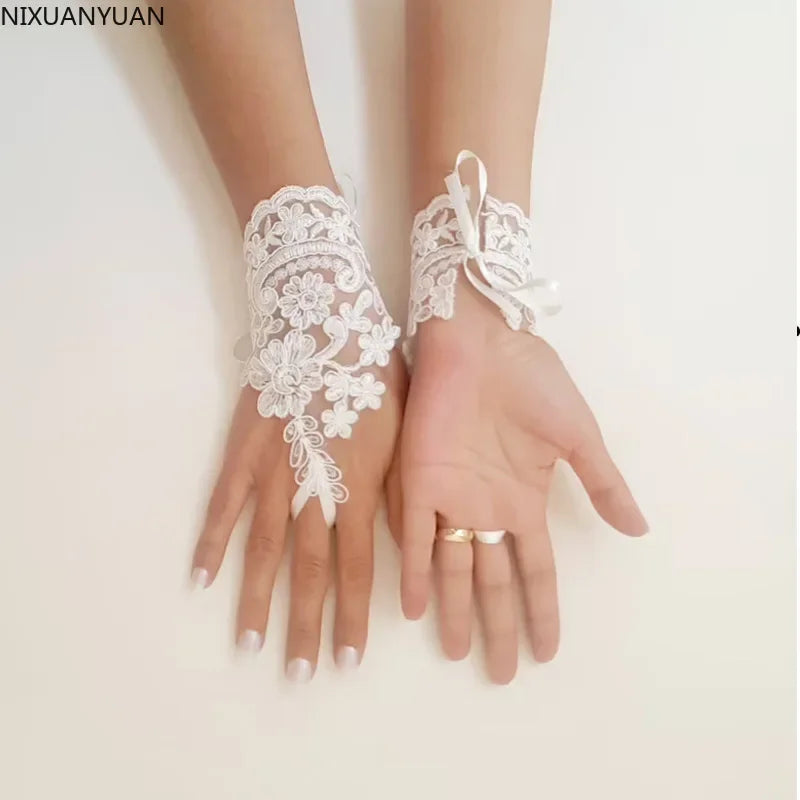Guantes Fingerless Gloves Novias Women's Lace Gloves Wedding Accessories Transparent Vintage Bride White Accessory Mittens