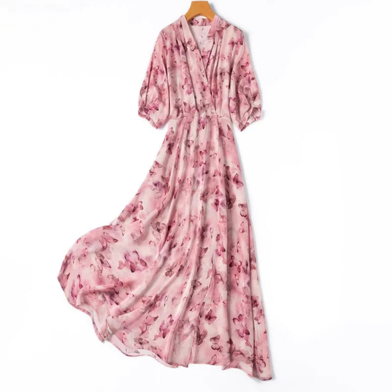 French Artistic Pink Purple Butterfly Printing 1.2-meter Extended Large Skirt Hem 100% Natural Mulberry Silk Women's Dress