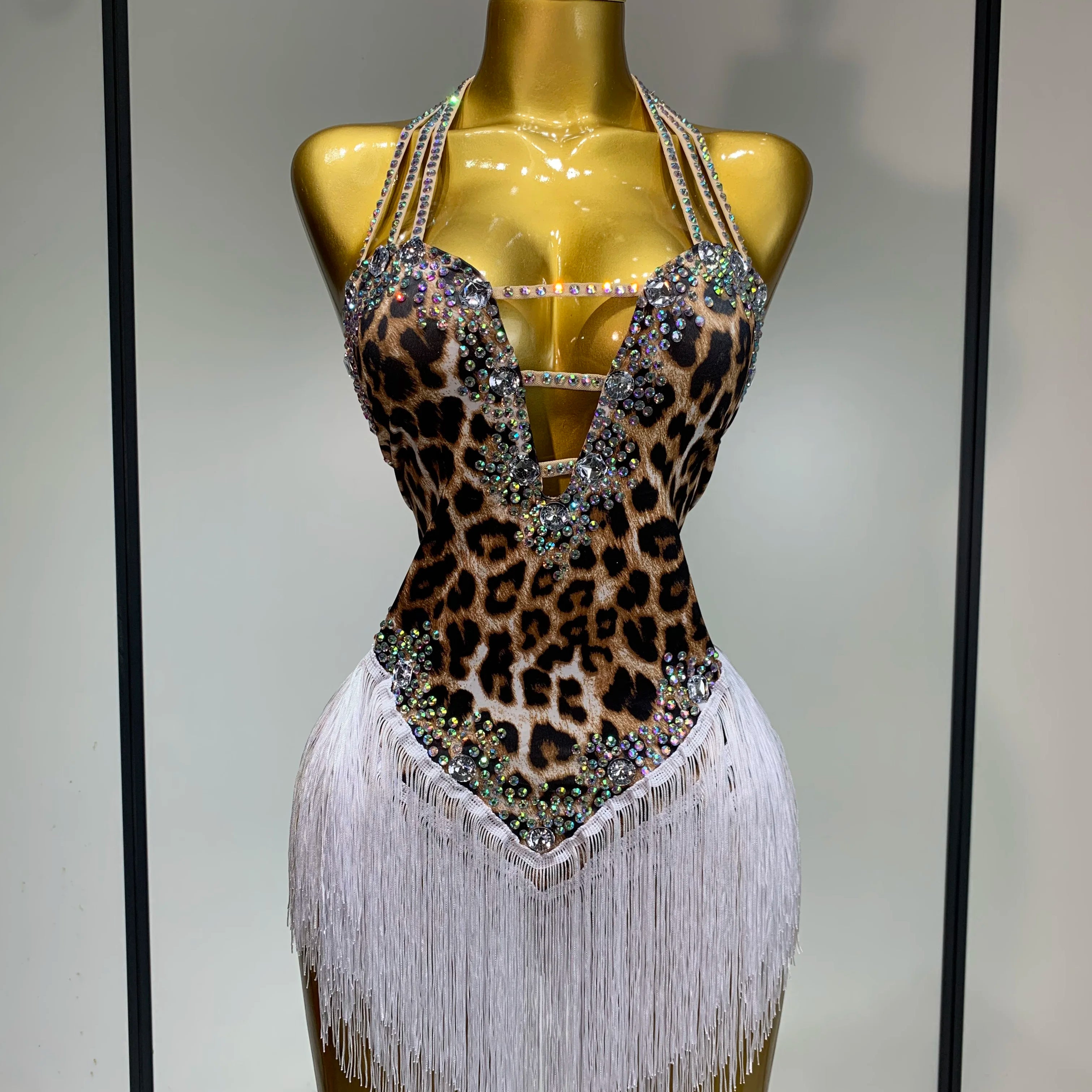 Sexy Backless Sparkly Rhinestones Tassel Leopard Print Bodysuit Performance Dance Costume Singer Dancer Stage Wear Club Outfit