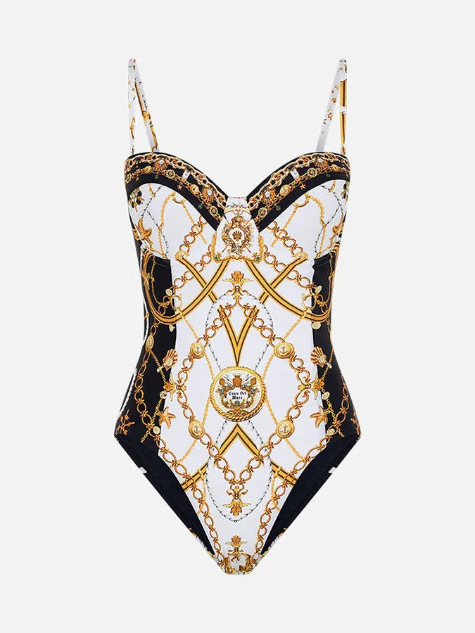 Courtl Vintage Gold Print One-piece Bikini Swimwear Costume Sexy Fashion Slim Fit Swimsuit With Long Trousers Beach Holiday 2024 Blue