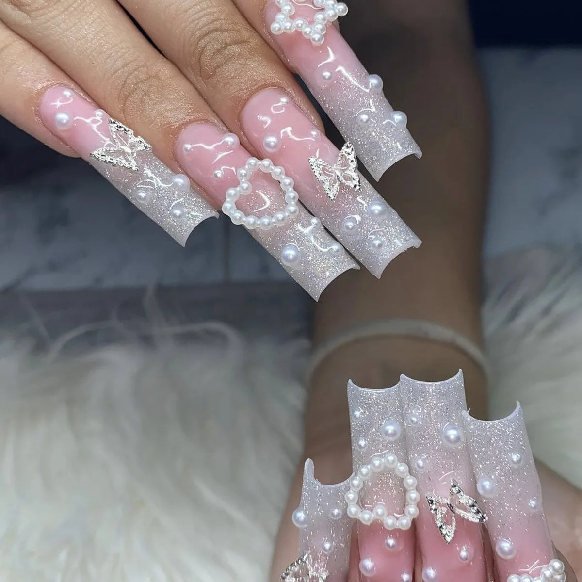24Pcs Long Coffin Blue False Nails Set Shiny 3D Metal Butterfly Rhinestones Design Nail Tips Art Wearing French Manicure Tools