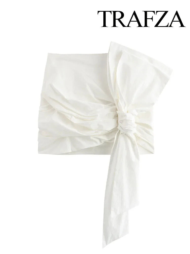 TRAFZA Women Summer Chic Asymmetric Bow Lace-Up Decorate Mini Skirt Female Fashion Solid Back Zipper High Waist Short Skirts Y2K