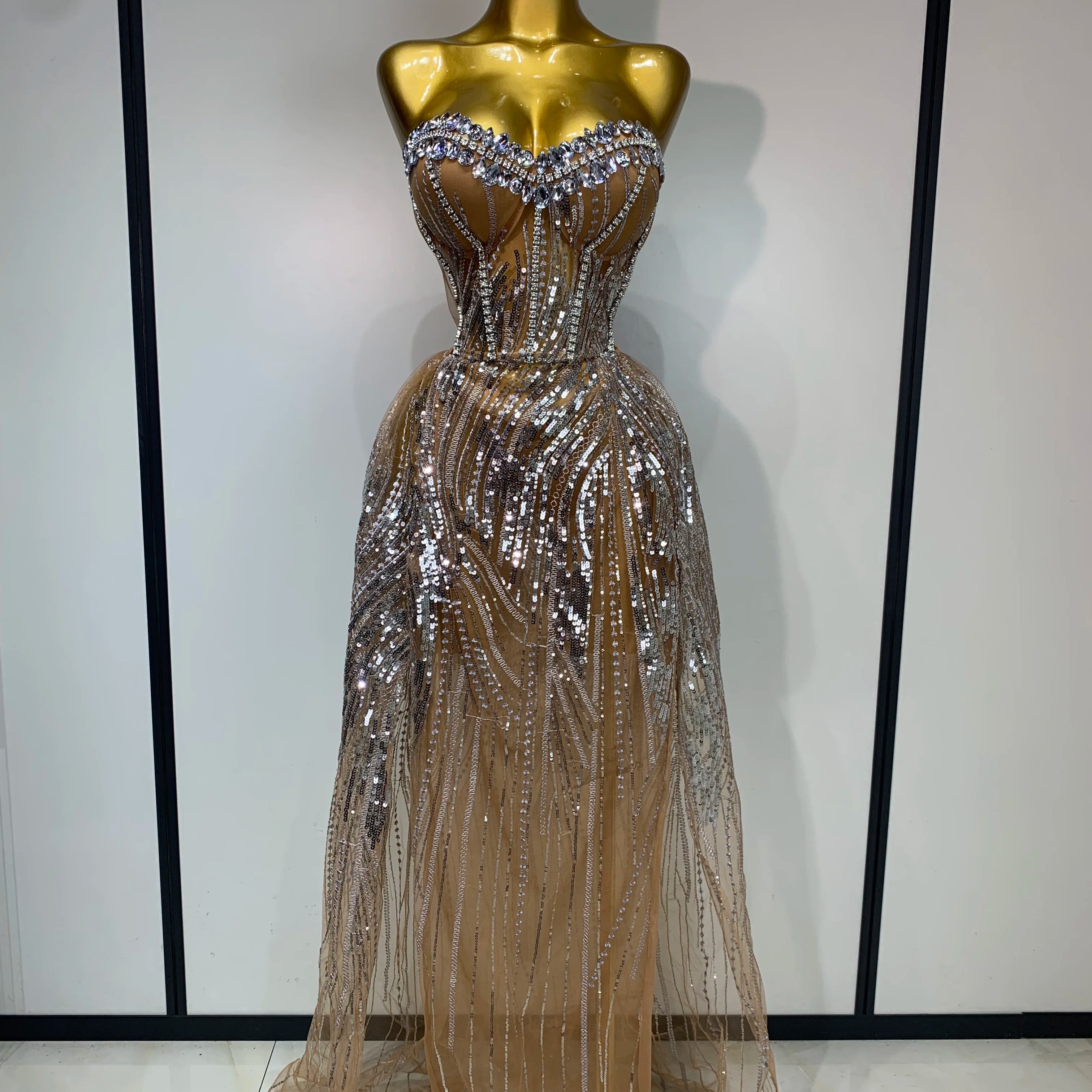 Women Sexy Strapless Mesh See Through Crystal Maxi Dress Evening Party Singer Stage Performance Costume Luxury Birthday Dress