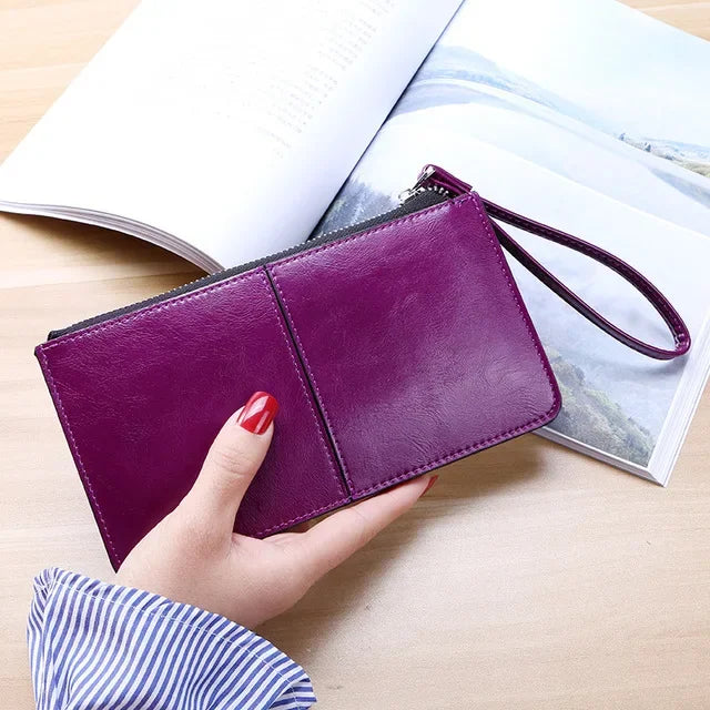 Women's Vintage Oil Wax Leather Zipper Clutch Wallet Female Large Capacity Coin Purse Ladies Wristband Simple Card Holder Wallet Dark Purple