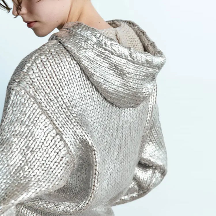 Women Chic Metallic Rib Trim Foil Hooded Sweater Casual Long Sleeve Drawstring Pullover Top Autumn Lady Elegant Sweatshirt