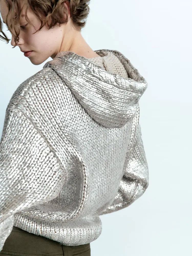 Women Chic Metallic Rib Trim Foil Hooded Sweater Casual Long Sleeve Drawstring Pullover Top Autumn Lady Elegant Sweatshirt