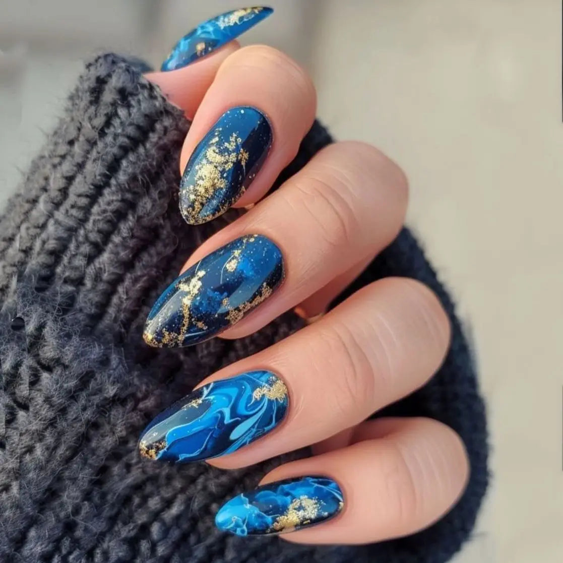 24Pcs Shading Gradient Deep Blue Press on Nails Stripes Almond False Nails with Jelly Glue Wearable Fashion Finished Nail Patch