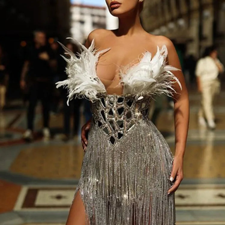 Women Summer Sexy Strapless Backless Mirror Feather Diamonds Sparkly Mini Bodycon Dress 2024 Elegant Evening Party Dress Vestido