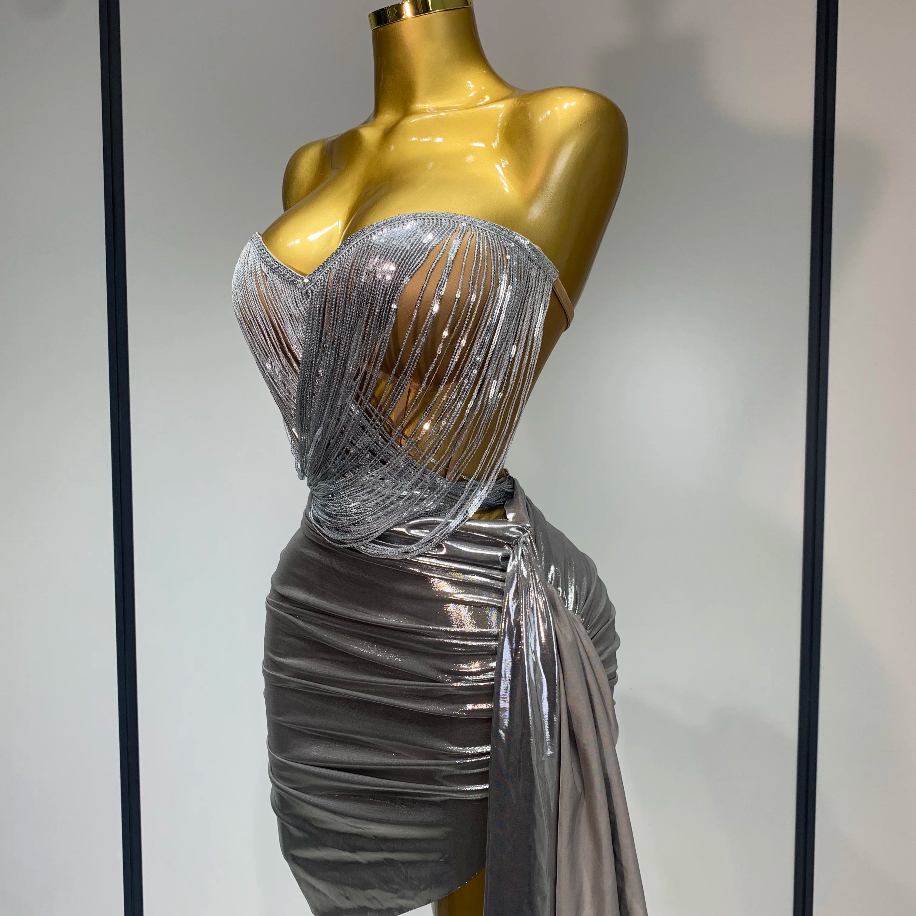 Sparkly Sequin Two Piece Set Sexy Strapless Backless Women Outfit Evening Party Nightclub Stage Performance Dance Costume