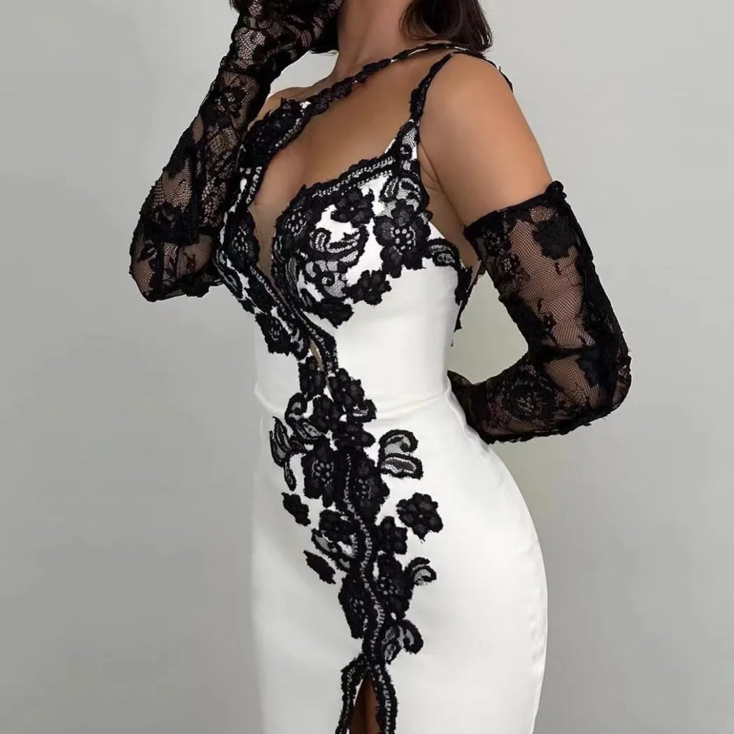 Women Sexy One Shoulder Black Lace High Split Bodycon Long Bandage Dress Celebrate Gloves Nightclub Party Outfit