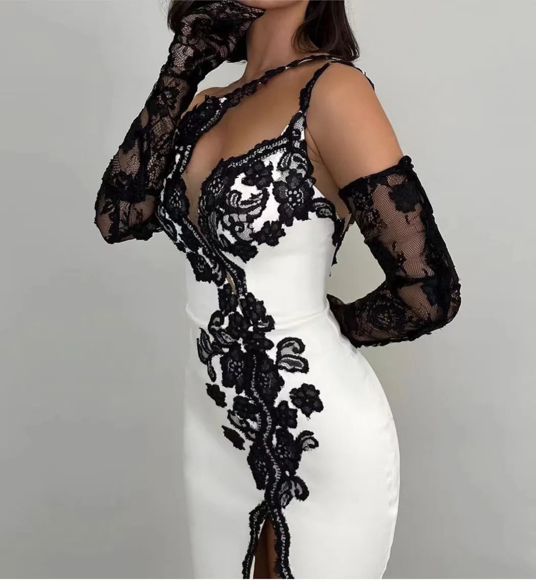 Women Sexy One Shoulder Black Lace High Split Bodycon Long Bandage Dress Celebrate Gloves Nightclub Party Outfit