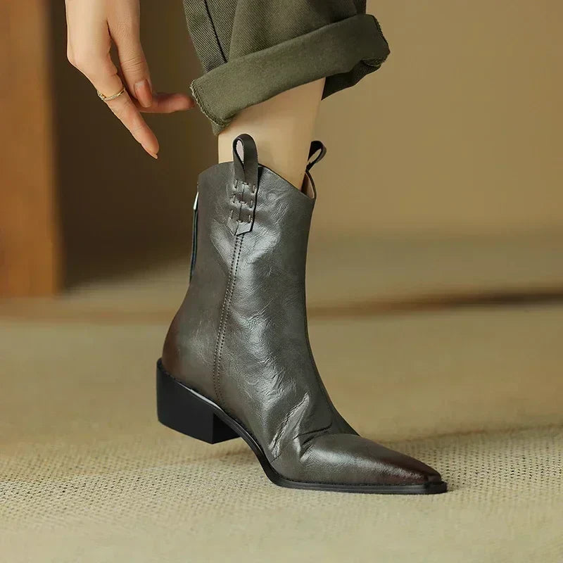 Autumn/winter Women Boots Genuine Leather Western Boots Women Shoes Pointed Toe Chunky Heel Chelsea Boots Retro Ankle Boots