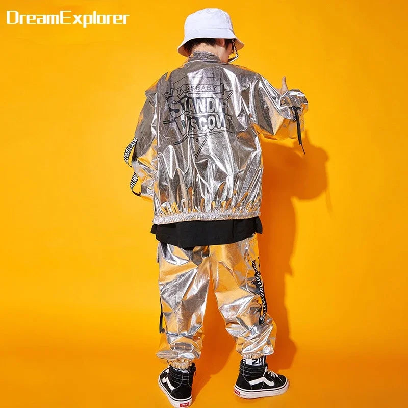 Hip Hop Boys Silver Jacket Girls Jazz Jogger Pants Street Dance Mini Skirt Clothes Sets Kids Sequin Costumes Child Streetwear