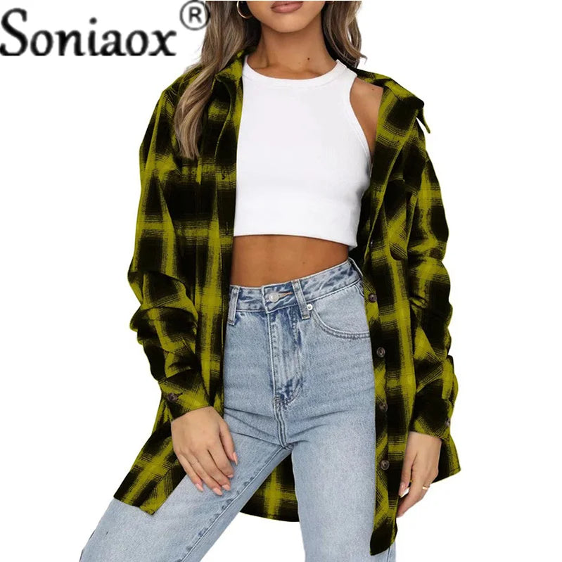 Flannel Plaid Shirt Women Autumn Loose Button Up Lapels Tops Casual Checkered Long Sleeve Blouse Ladies Pockets Basic Female New Yellow