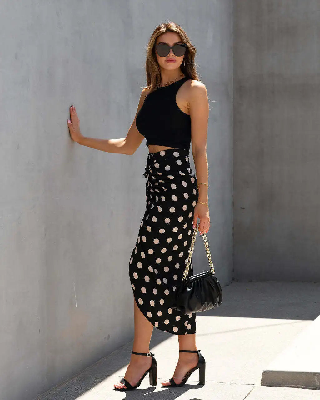 Spring Summer New Women Front Pleated Skirt Polka Dot Drawstring Mid Length Skirts Ladies Street Trendy Casual Chic Skirt