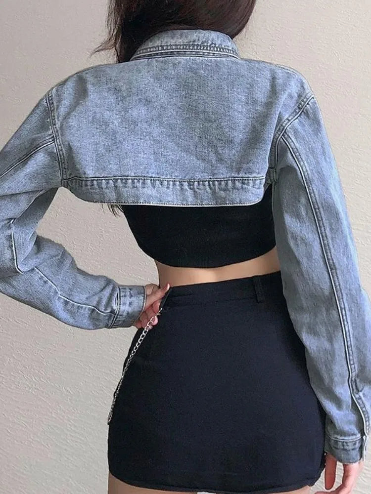 Deeptown Vintage Long Sleeve Crop Denim Jacket Women Fashion Jeans Bomber Jackets Cardigan Coat Spring Casual Coats Clothes