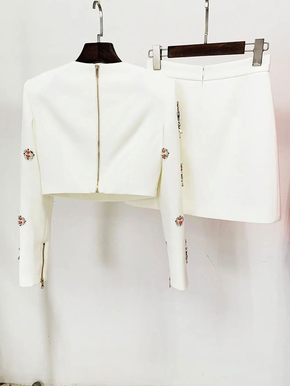 2024 New Elegant Women's Light Luxury Nail Bead Short Skirt Set O-neck Long Sleeve Ultra Short Top+Mini Skirt Two piece Set