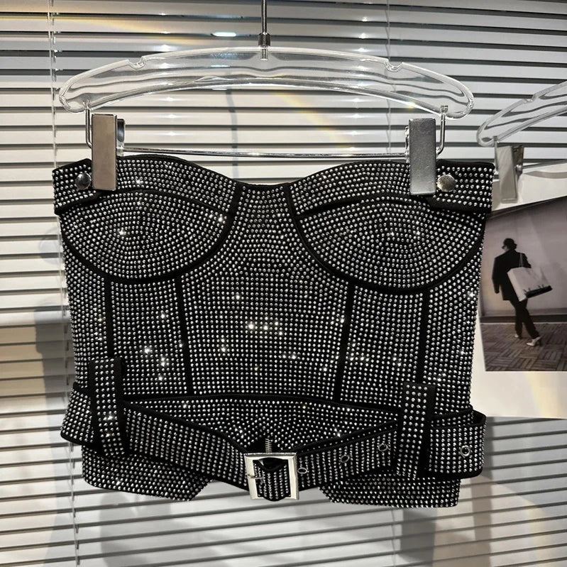 Summer Female Shiny Rhinestone Splice Sexy Strapless Women's High Waist Belt Designer Mini Short Skirts Vest