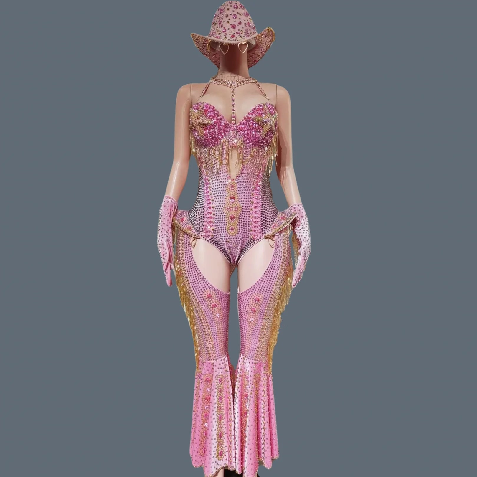 Sparkly Rhinestone Tassel Luxury Bodysuit 4Piece Set Cowboy Night Out Party Outfit Stage Show Jumpsuit Carnival Wear Hongding