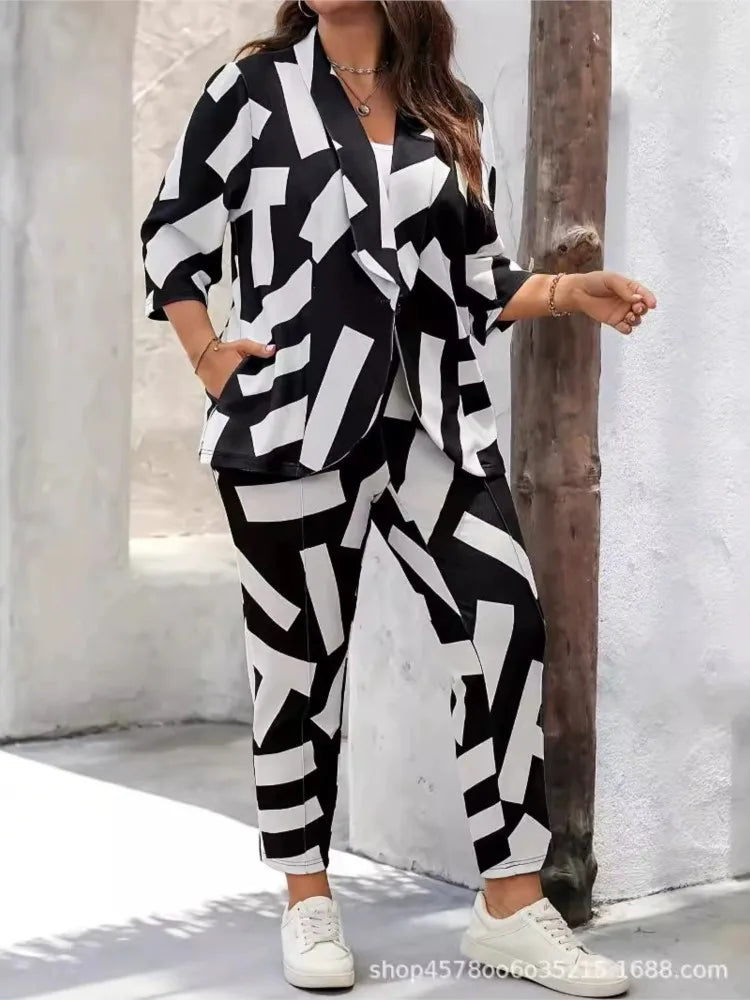 Plus Size Autumn Graffiti Print 2 Two Piece Set Women Long Sleeve Modis Ladies Blazer Suits Casual High Waist Woman Pencil Pants