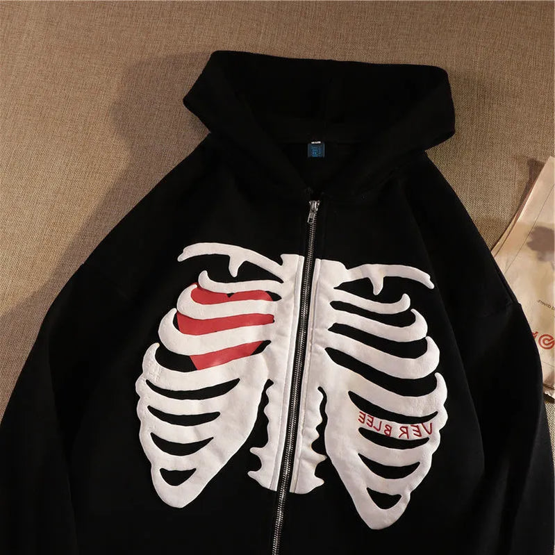 Y2K Skeleton Hoodies Women Vrouwen Gothic Zwart Zip Up Oversized Sweatshirt Dames Retro Harajuku Capuchon Streetwear Tops Black