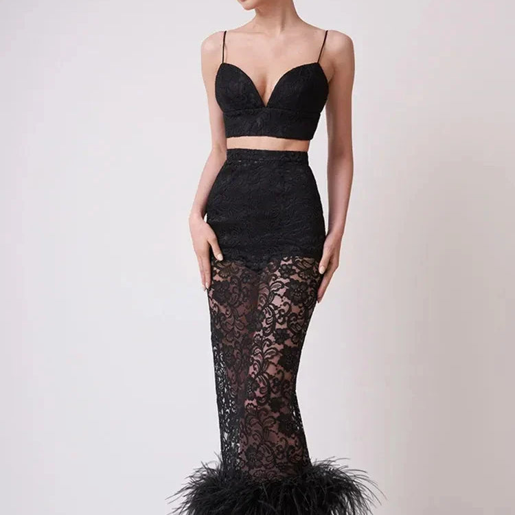 New Women Sexy V Neck Lace Feather Midi Skirt Bandage Set Celebrity Elegant Evening Club Cocktail Party Outfits black
