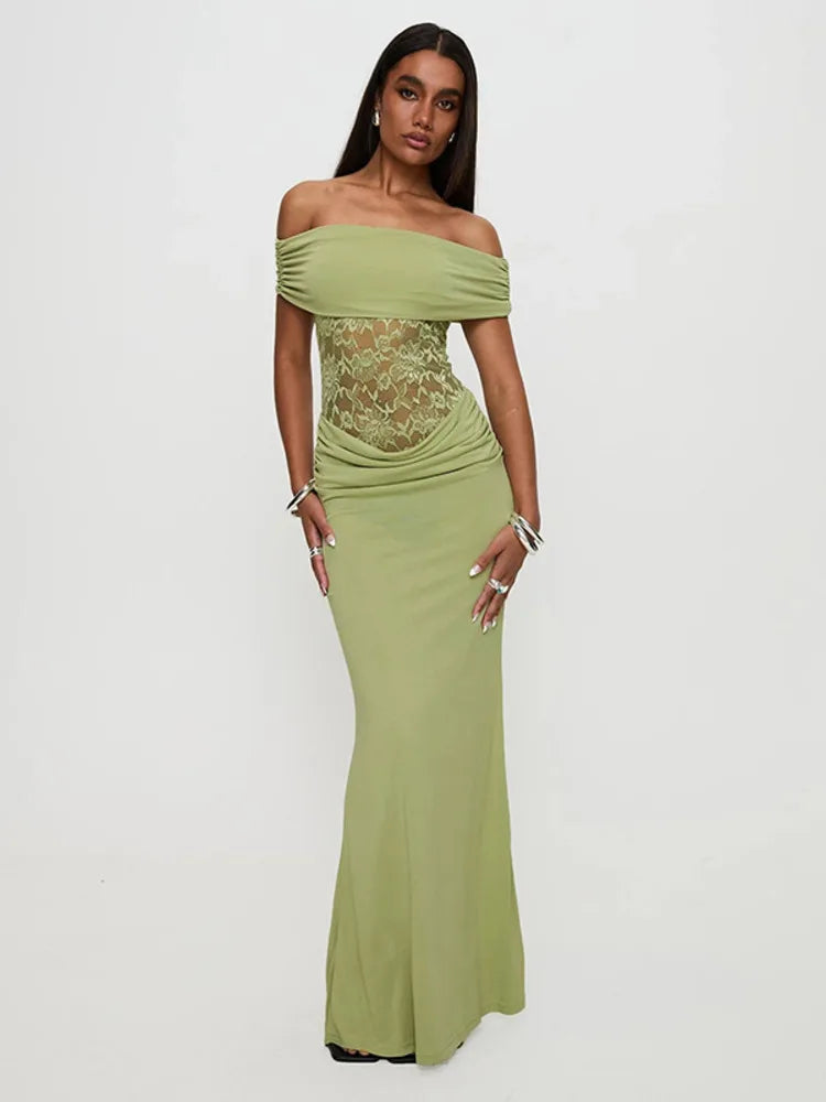 Off-shoulder Strapless Sexy Maxi Dress For Women Green Lace Sheer Sleeveless Backless Bodycon Club Party Long Dress