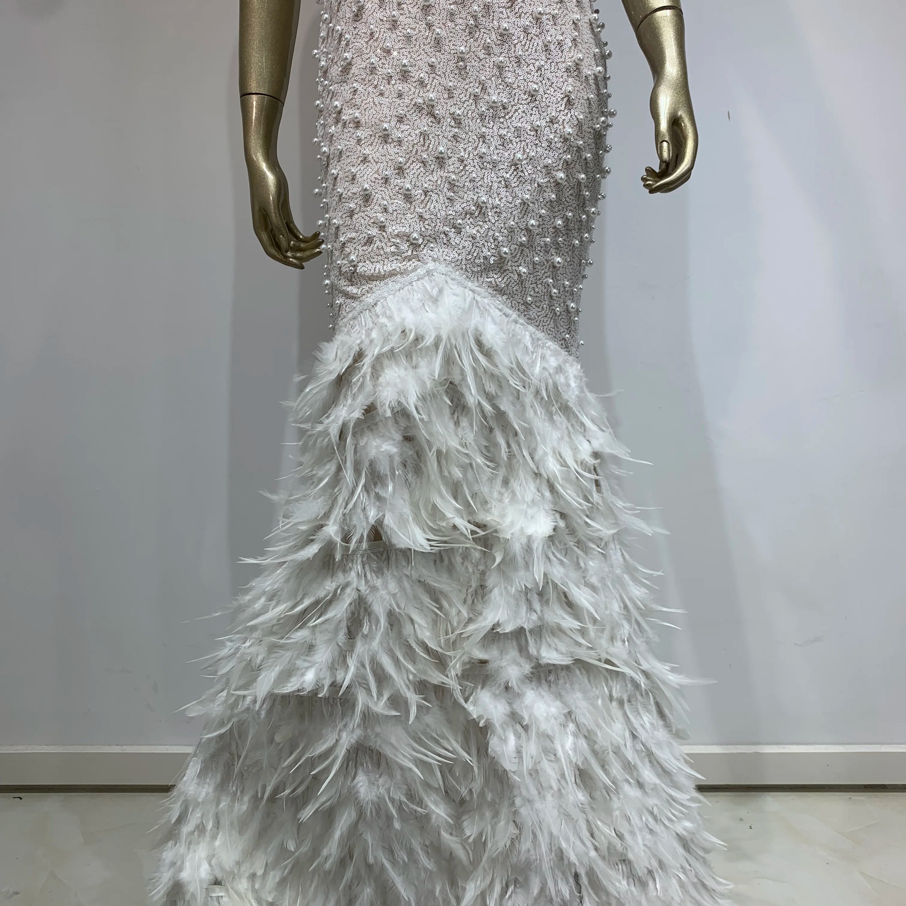 Women Celebrity Sexy V Neck Pearl Sequins Feather Maxi Long  Dress 2024 Elegant Party Evening Stage Performance Dress Vestido