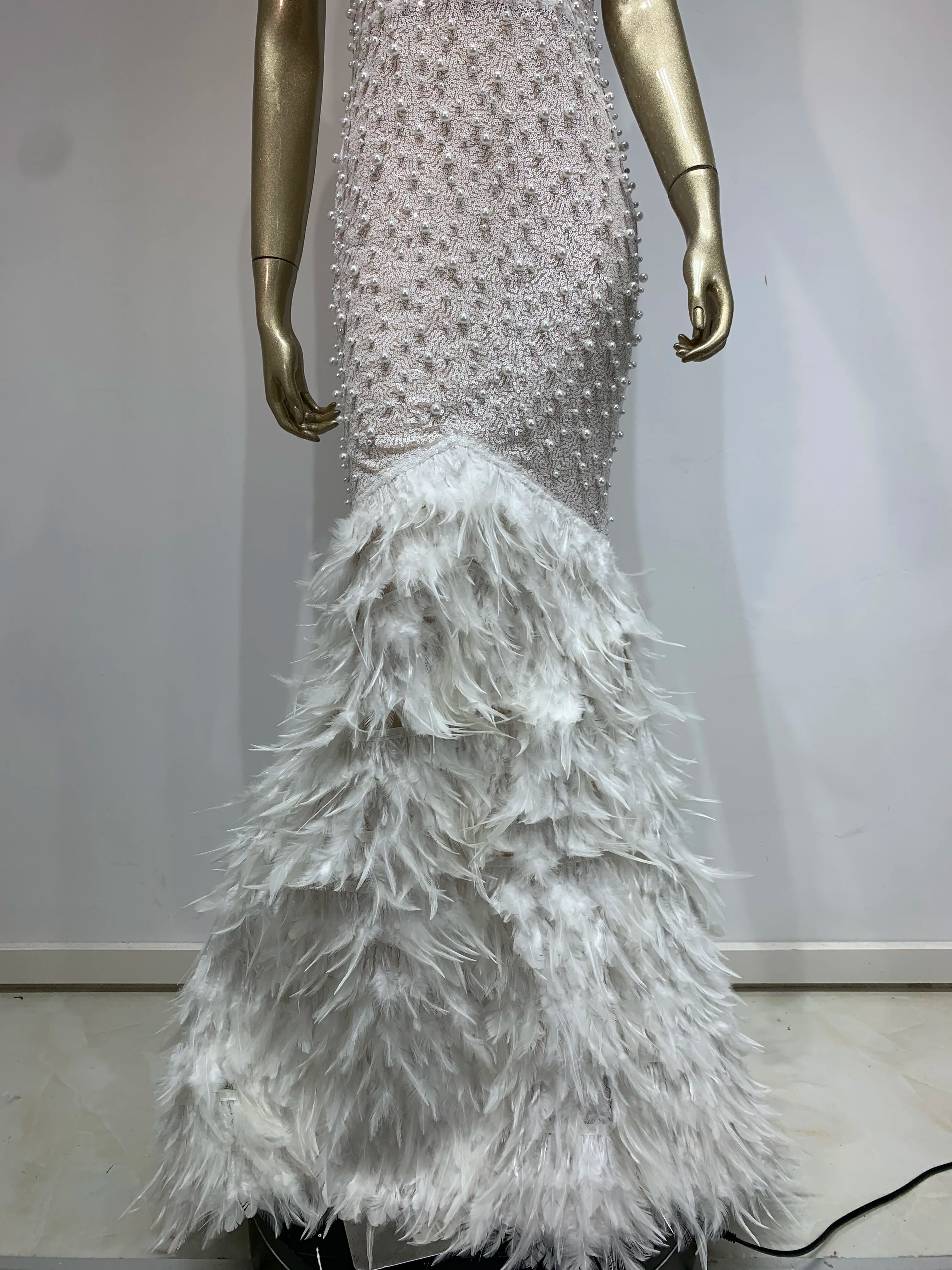 Women Celebrity Sexy V Neck Pearl Sequins Feather Maxi Long  Dress 2024 Elegant Party Evening Stage Performance Dress Vestido