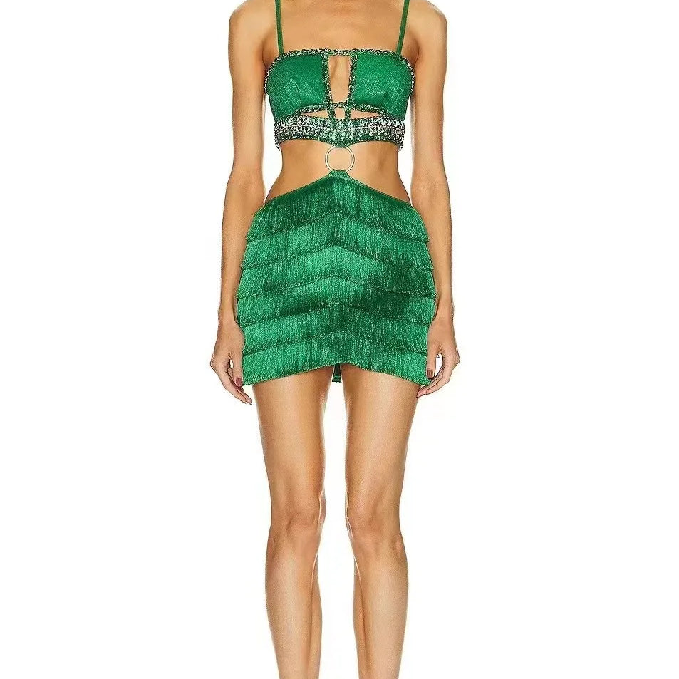 Green Color Women Sexy Strap Bodycon Mini Bandage Dress Tassels Shinning Crystal Nightclub Party Celebrate Dress