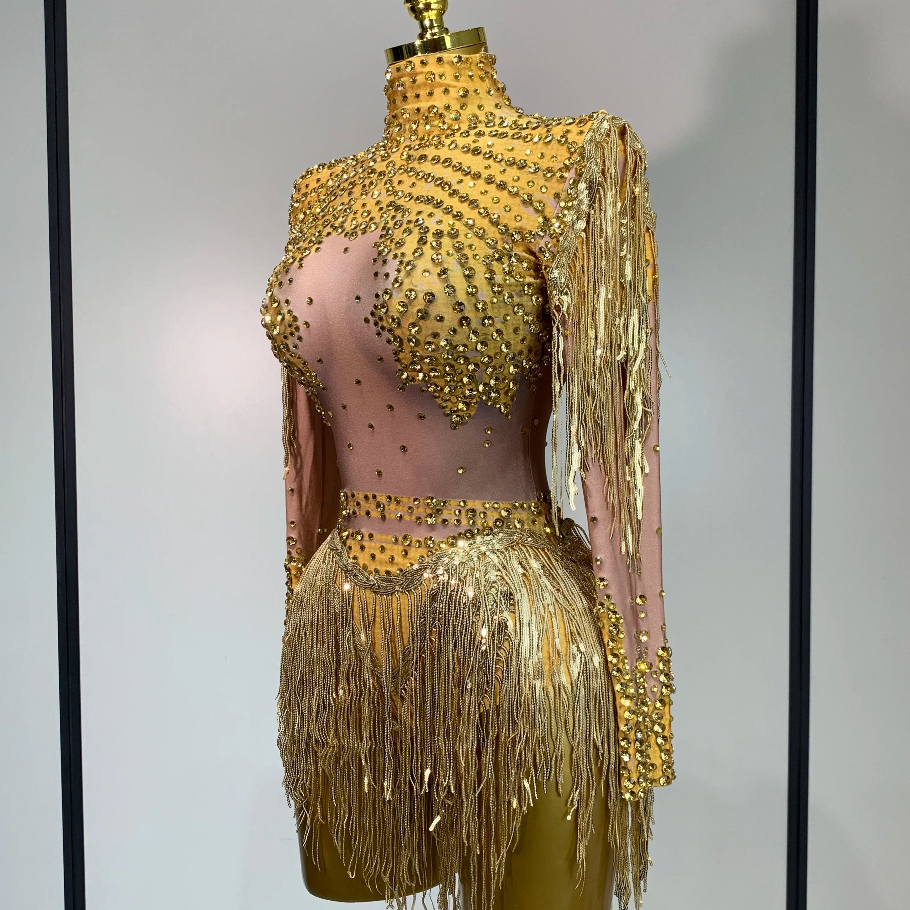 Women Long Sleeve Sexy Shinning Tassels Rhinestone Bodycon Bodysuit High Stretch Bar Dancer Nightclub Stage Wear Birthday Outfit