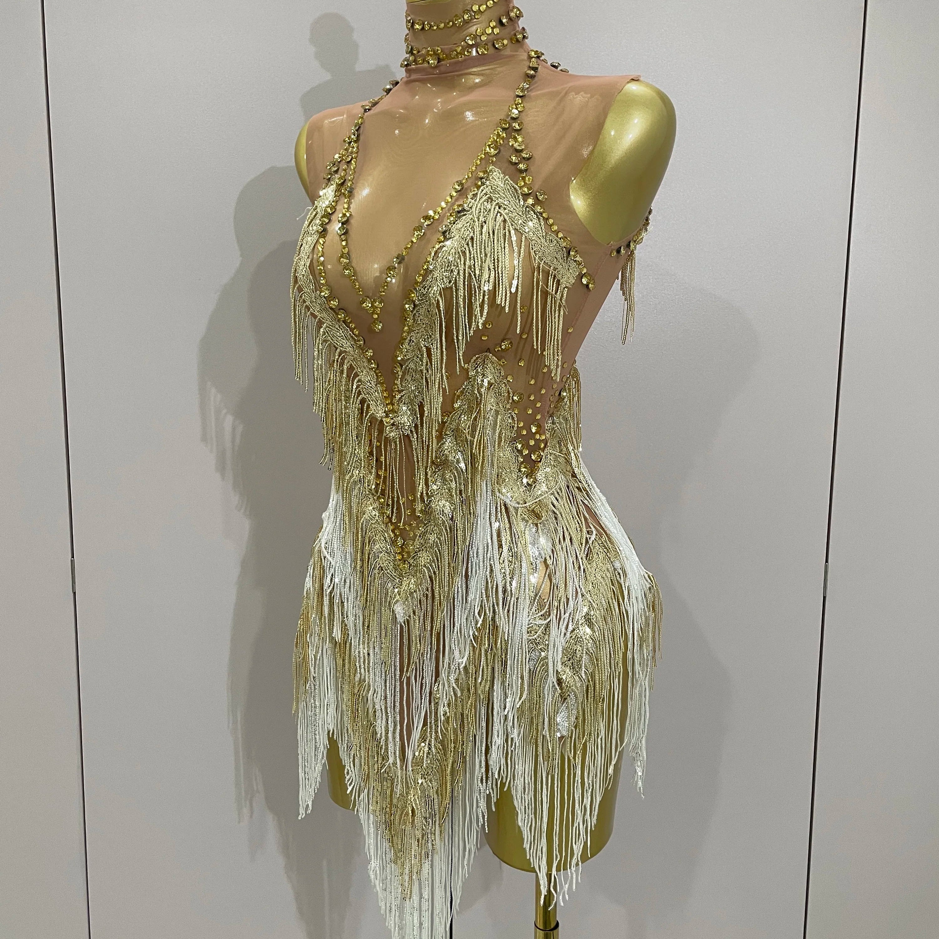 Stock 2025 Women Sexy Stretch Mesh Sparkly Rhinestone Tassels Mini Dress Nightclub Singer Dance Stage Costume Evening Gowns