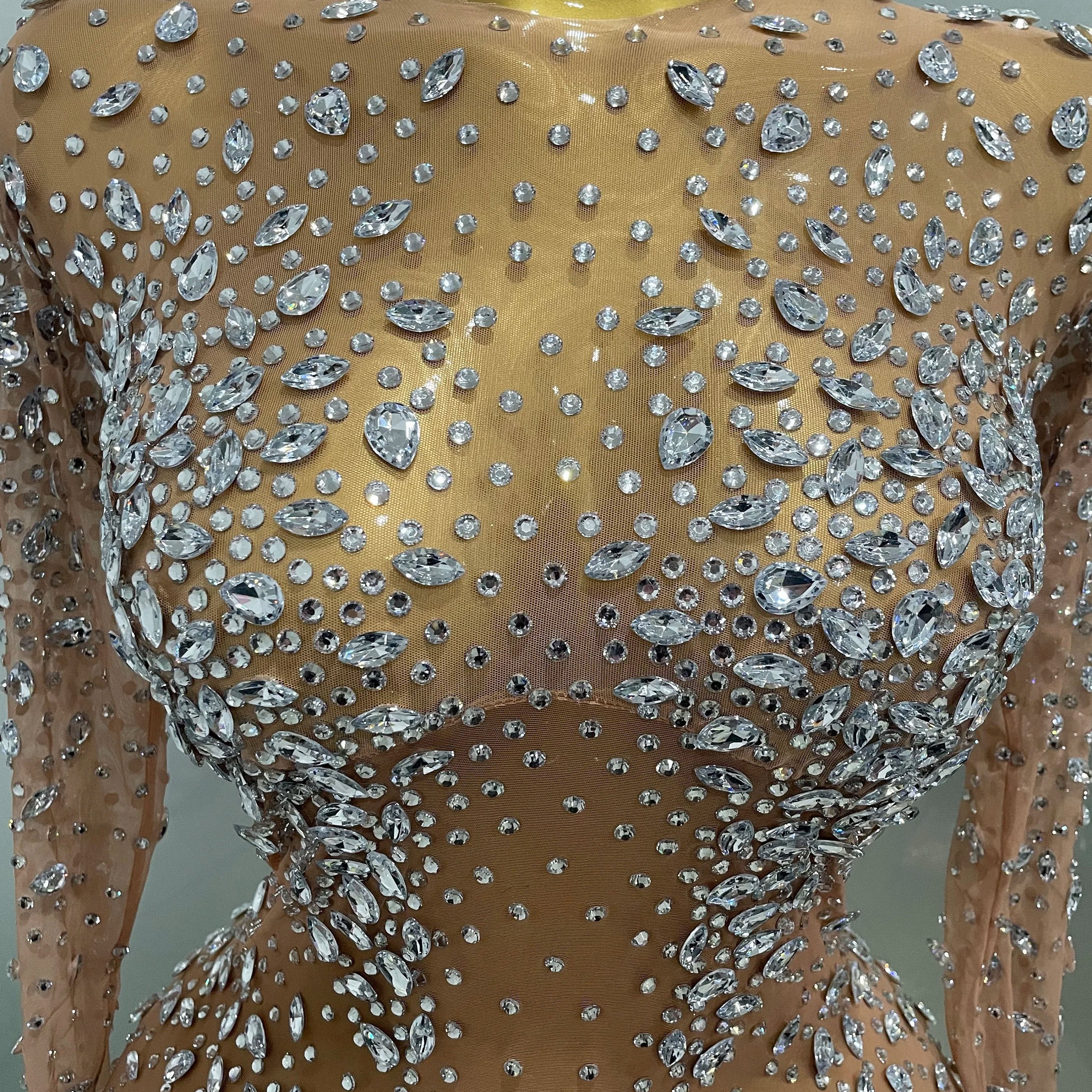 Sexy Shinny Rhinestone Stretch Mesh Transparent Long Dress 2025New Women Evening Birthday Party Prom Nightclub Singer Stage Wear