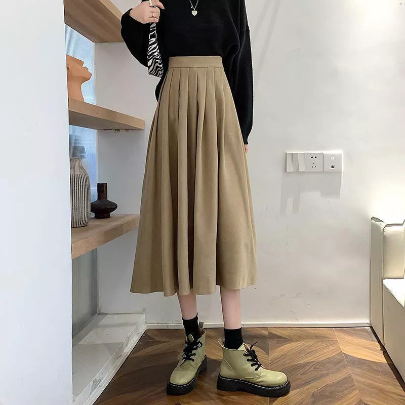 Vintage Brown High Waist Pleated Skirt Women Korean Fashion College Style Long Skirt Ladies Autumn Casual A line Skirts Khaki