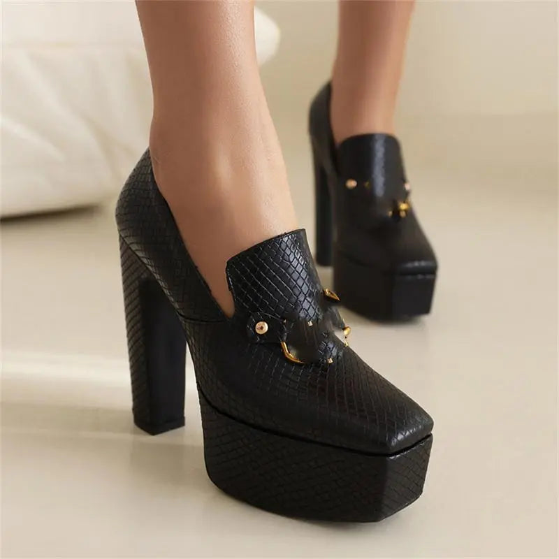 Super High Heel Women Shoes 2024 Spring Autumn Platform Square Head Metal Fastener Party Office Shoes Size 43 Black
