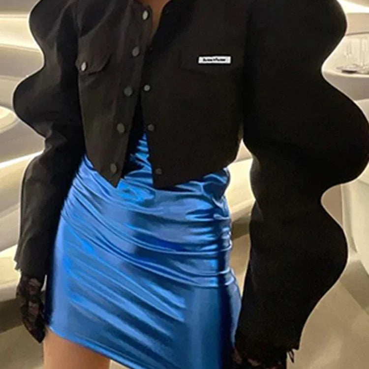 Y2k Tops Women Jacket Fashion Black Top Long Puff Sleeves Sweatshirt Spring Autumn Female Designer Streetwear Party Club Coat