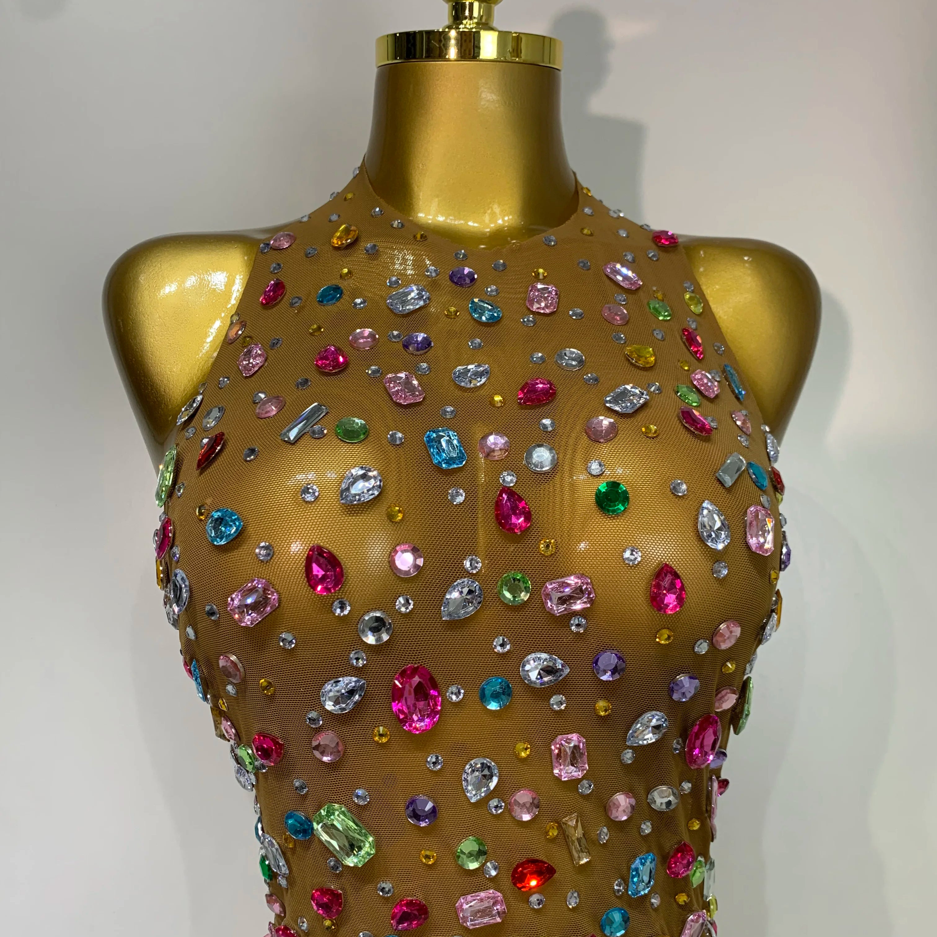 Sparkly Rhinestones Mesh See Through Bodysuit Women Sexy Backless Performance Dance Costume Celebrity Nightclub Stage Outfit