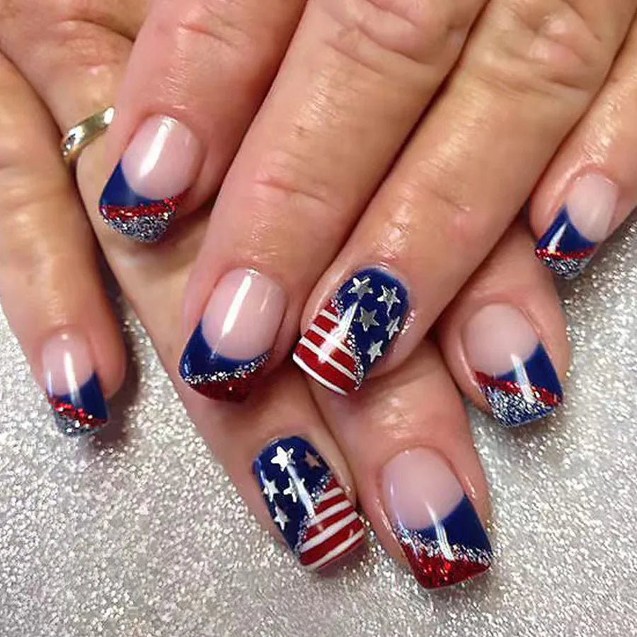 24pcs/set short square fake nails for US Independence Day blue red white star strawberry with glitter press on false nail tips